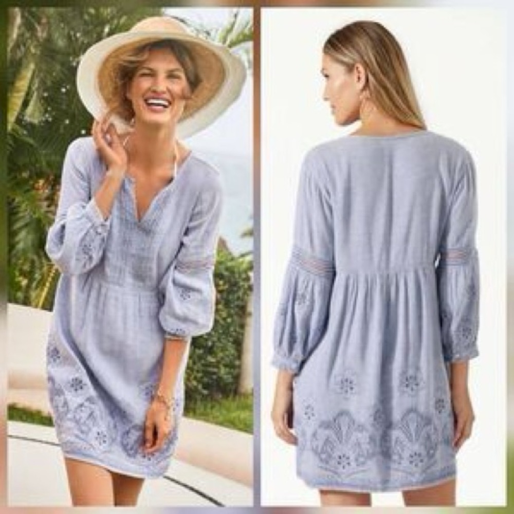 Tommy Bahama St. Lucia Split Neck Linen-blend Mini Dress In Blue